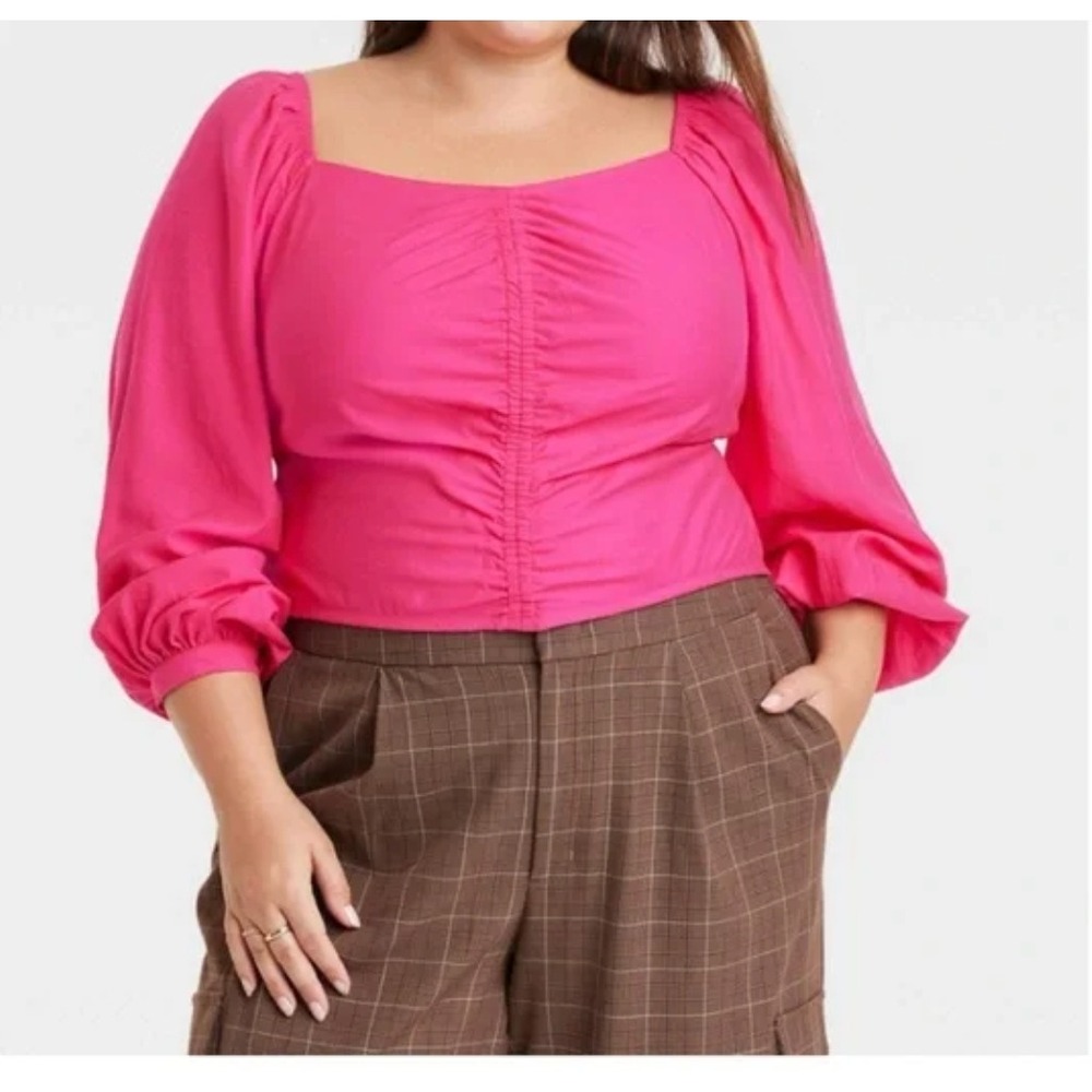 A New Day Hot Pink Puff Sleeve Ruched Smocked Blouse XXL NWT